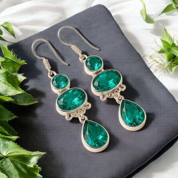 Paraiba Tourmaline ✦ 3-Stone Drop Earrings ✦ Sterling Silver Handmade Statement - Picture 4 of 11
